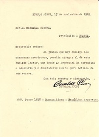 [Carta] 1945 nov. 16, Buenos Aires, República Argentina [a] Gabriela Mistral, Petrópolis, Brasil