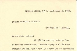 [Carta] 1945 nov. 16, Buenos Aires, República Argentina [a] Gabriela Mistral, Petrópolis, Brasil