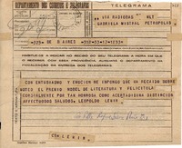 Telegrama [1945 nov. 17], B. Aires, [Argentina] [a] Gabriela Mistral, Petrópolis, [Brasil]