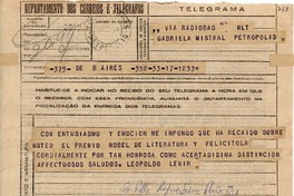 Telegrama [1945 nov. 17], B. Aires, [Argentina] [a] Gabriela Mistral, Petrópolis, [Brasil]