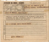 Telegrama [1945 nov. 17], Mendoza, [Argentina a] Gabriela Mistral, Petrópolis, Brasil