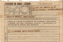 Telegrama [1945 nov. 17], Mendoza, [Argentina a] Gabriela Mistral, Petrópolis, Brasil