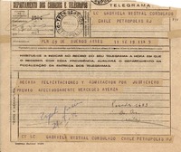 Telegrama 1945 nov. 19, Buenos Aires, [Argentina] [a] Gabriela Mistral, Consulado Chile Petrópolis R.J. [Brasil]