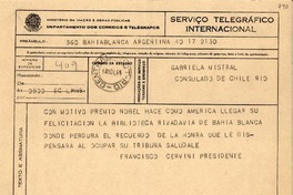 [Telegrama] 1945 nov. 18, Bahía Blanca, Argentina [a] Gabriela Mistral, Consulado de Chile, [Rio de Janeiro, Brasil]