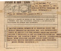 Telegrama [1945 nov. 17] Buenos Aires, [Argentina a] Gabriela Mistral, Consulado de Chile Petrópolis, [Brasil]