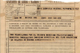 Telegrama 1945 [nov. a] Gabriela Mistral, Petrópolis, R.J.
