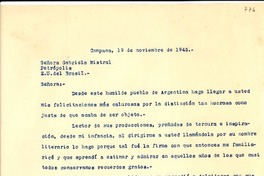 [Carta] 1945 nov. 19, Argentina [a] Gabriela Mistral, Petrópolis, [Brasil]