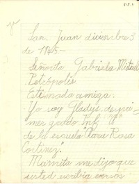 [Carta] 1945 dic. 3, San Juan, [Argentina] [a] Gabriela Mistral, Petrópolis, [Brasil]