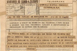 Telegrama [1945 nov. 19], San Carlos de Bariloche [a] Gabriela Mistral, [Consulado] Chile, Petrópolis