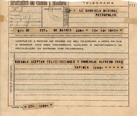 Telegrama [1945 nov,] B. Aires, [Argentina a] Gabriela Mistral, Petrópolis [Brasil]