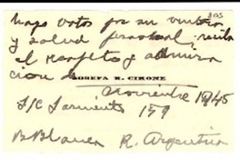 [Tarjeta] 1945 nov, B. Blanca, R. Argentina [a] Gabriela Mistral