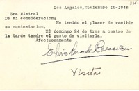 [Tarjeta] 1946 nov. 19, Los Angeles, [EE.UU.] [a] Gabriela Mistral, [Los Angeles, EE.UU.]