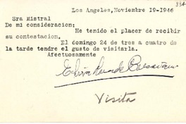 [Tarjeta] 1946 nov. 19, Los Angeles, [EE.UU.] [a] Gabriela Mistral, [Los Angeles, EE.UU.]