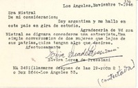 [Tarjeta] 1946 nov. 7, Los Angeles, EE.UU. [a] Gabriela Mistral, [Los Angeles, EE.UU.]