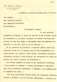 [Carta] 1946 mar. 25, Lanús, Argentina [a] Sra. Consul Dña. Gabriela Mistral, Los Angeles, (California), Norteamérica