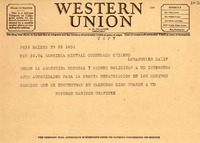 [Telegrama] 1946 mar. 22, Buenos Aires, Argentina [a] Gabriela Mistral, Consulado chileno, Los Angeles, Calif., [EE.UU.]