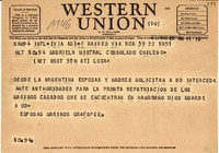 [Telegrama] 1946 mar. 22, Buenos Aires, [Argentina a] Gabriela Mistral, Consulado de Chile, [Los Angeles, California, EE.UU.]
