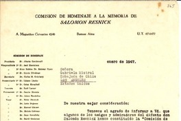 [Carta] 1947 ene., Buenos Aires, [Argentina] [a] Gabriela Mistral, Embajada de Chile, Los Angeles, Estados Unidos