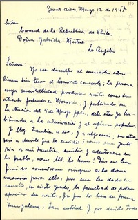 [Carta] 1947 mar. 12, Buenos Aires, Argentina [a] Sra. Cónsul de la República de Chile, Doña Gabriela Mistral, Los Angeles, [EE.UU.]