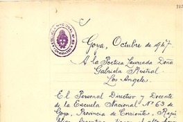 [Carta] 1947 oct., Goya, [Provincia de Corrientes, Argentina a] Gabriela Mistral, Los Ángeles, [EE.UU.]