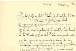 [Carta] 1947 oct. 6, Puerto Mar del Plata, República Argentina [a] Señora Gabriela Mistral