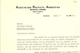 [Carta] 1948 mayo 4, Córdoba, [Argentina] [a] Gabriela Mistral, República de Chile