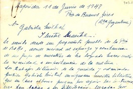 [Carta] 1948 jun. 11, Laprida, Pcia. de Buenos Aires, Rca. Argentina [a] Gabriela Mistral