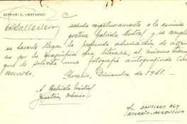 [Tarjeta] 1948 dic., Rosario, Argentina [a] Gabriela Mistral, Yucatán, México