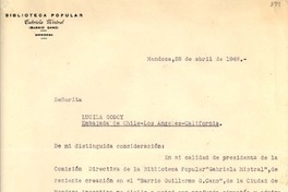 [Carta] 1948 abr. 28, Mendoza, [Argentina a] Señorita Lucila Godoy, Embajada de Chile, Los Ángeles, California