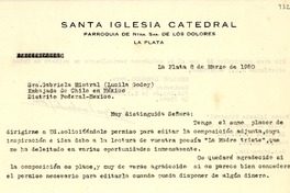 [Carta] 1950 mar. 8, La Plata, [Argentina a] Gabriela Mistral (Lucila Godoy), Embajada de Chile en México, Distrito Federal, México