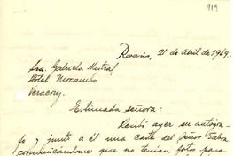 [Carta] 1949, abr. 21, Rosario, Argentina [a] Gabriela Mistral, Hotel Mocambo, Veracruz