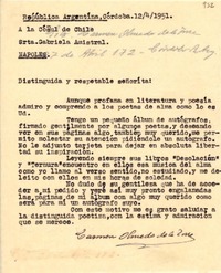 [Carta] 1951 abr. 12, Córdoba, Argentina [a] Gabriela Amistral [i.e. Mistral], Nápoles, [Italia]
