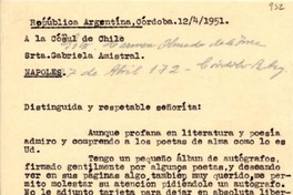 [Carta] 1951 abr. 12, Córdoba, Argentina [a] Gabriela Amistral [i.e. Mistral], Nápoles, [Italia]