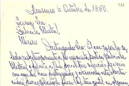 [Carta] 1950 oct. 6, Acassuso, [Argentina] [a] Excma Sra. Gabriela Mistral, México