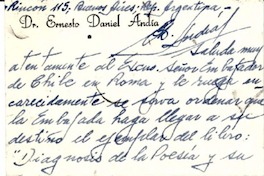 [Tarjeta] 1951 jul. 10, Buenos Aires, Argentina [al] Embajador de Chile en Roma, [Italia]