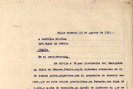 [Carta] 1951 ago. 19, Villa Federal, Provincia de Entre Ríos, Argentina [a] Gabriela Mistral, Génova, Italia