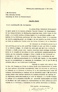[Carta] 1949, mayo 31, Mendoza, Argentina [a] Gabriela Mistral, Consulesa de Chile en Niteroi, Brasil