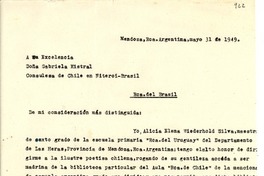 [Carta] 1949, mayo 31, Mendoza, Argentina [a] Gabriela Mistral, Consulesa de Chile en Niteroi, Brasil