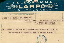 [Telegrama] 1952 abr. 23, Roma [a] Gabriela Mistral, Nápoles