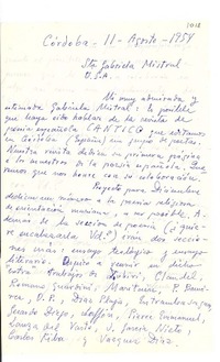 [Carta] 1954 ago. 11, Córdoba, [España] [a] Gabriela Mistral, Estados Unidos