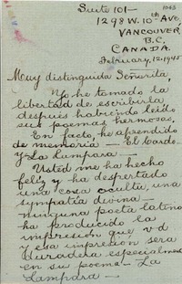 [Carta] 1945 feb. 12, Vancouver, Canadá [a] Gabriela Mistral