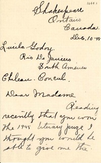 [Carta] 1945 dic. 10, Shakespeare, Ontario, Canadá [a] Lucila Godoy, Rio de Janeiro, [Brasil]