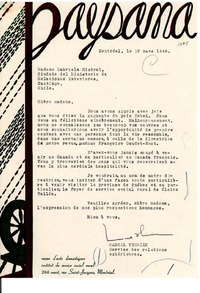 [Carta] 1946 mars 19, Montréal, Canadá [a] Gabriela Mistral, Santiago de Chile