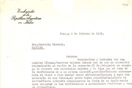 [Carta] 1952, feb. 6, Roma [a] Gabriela Mistral, Nápoles