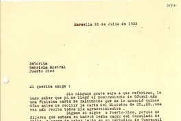 [Carta] 1933 jul. 22, Marsella, [Francia] [a] Gabriela Mistral, Puerto Rico