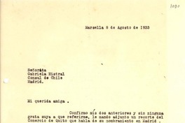 [Carta] 1933 ago. 8, Marsella, [Francia] [a] Gabriela Mistral, Madrid, [España]