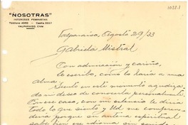 [Carta] 1933 ago. 29, Valparaíso, [Chile] [a] Gabriela Mistral