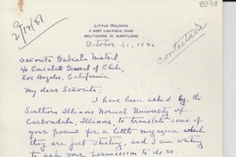 [Carta] 1946 oct. 21, Baltimore, Maryland, [EE.UU.] [a] Gabriela Mistral, Los Angeles, California, [EE.UU.]