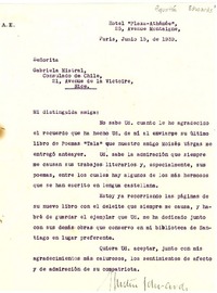 [Carta] 1939 jun. 15, Hotel Plaza - Athénée, Paris, [Francia] [a] Gabriela Mistral, Consulado de Chile, Nice, [Francia]