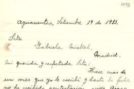 [Carta] 1933 sep. 19, Agua Santas, España [a] Gabriela Mistral, Madrid, España